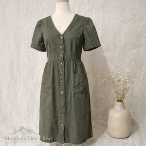 Japna Olive Green Button-Front Midi Dress | Linen and Cotton / Vacation/ Resort